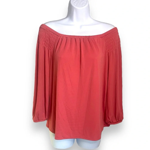 Ann Taylor Coral Off-Shoulder Top Size Small - Smocked Detail & Flowing Sleeves - Picture 7 of 9